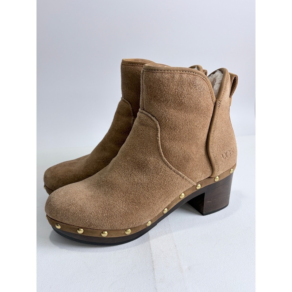 UGG Cam II Brown‎ Suede Shearling Clog Boots Studded Heel 7 Cozy Boho
